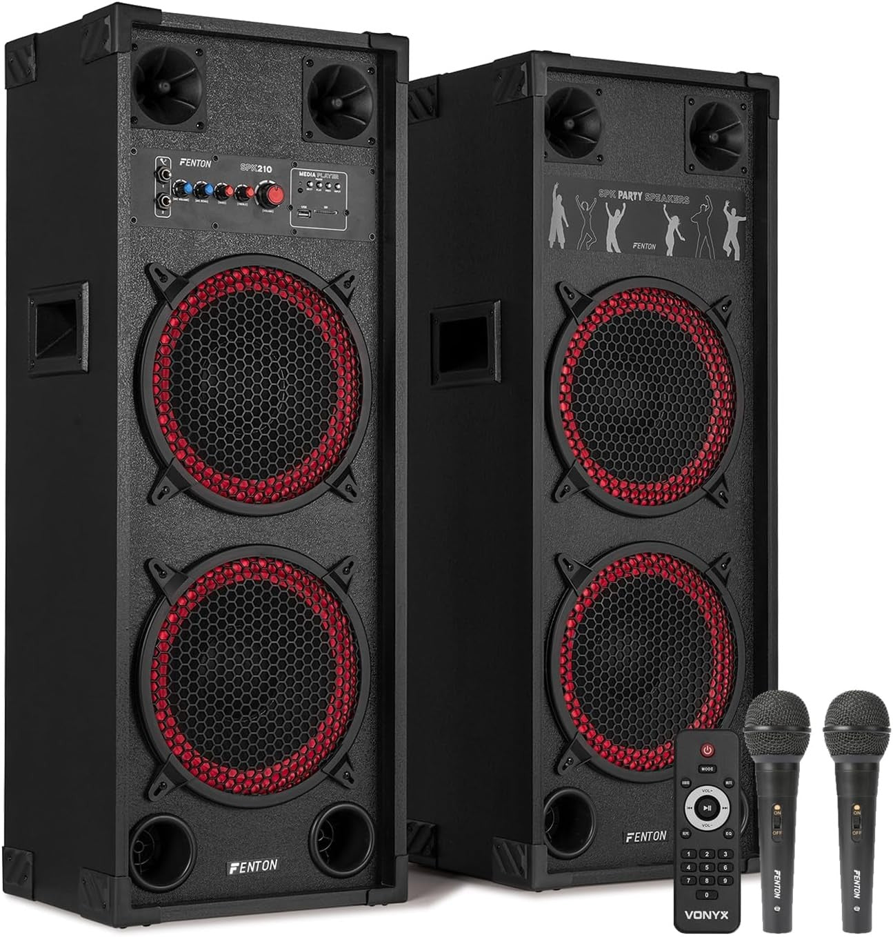 Bluetooth Karaoke Speaker System 1200W 2x10" Party Speakers w/ Mics