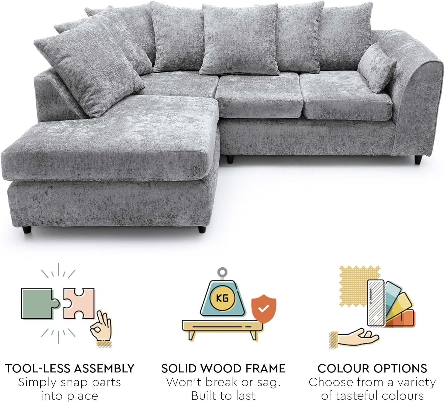 L Shaped Corner Sofa Light Grey Chenille – 5 Seater Couch w/ Cushions & Support
