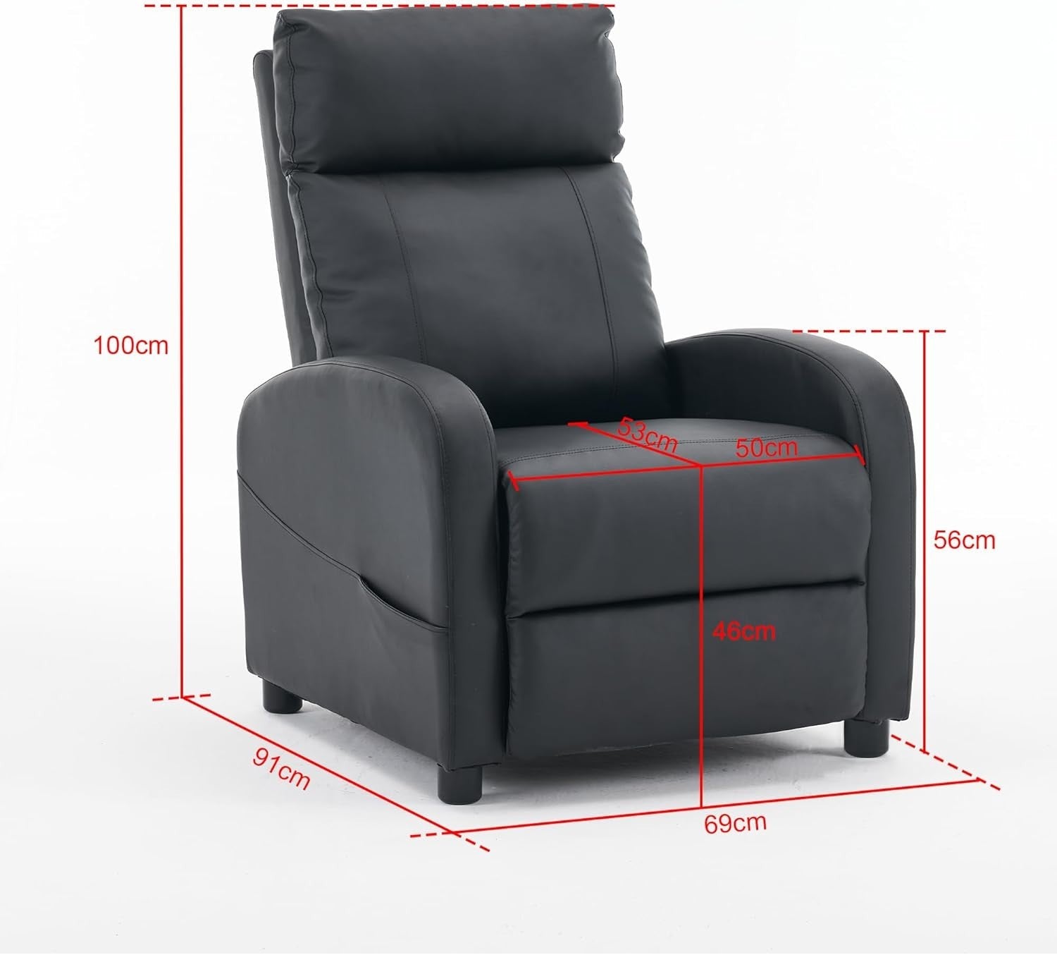 Recliner Armchair Black PU Leather Lounge Chair Adjustable Back & Footrest
