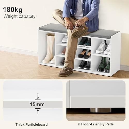 White Shoe Storage Bench with Cushion Seat 9 Cubes Adjustable Shelves Entryway
