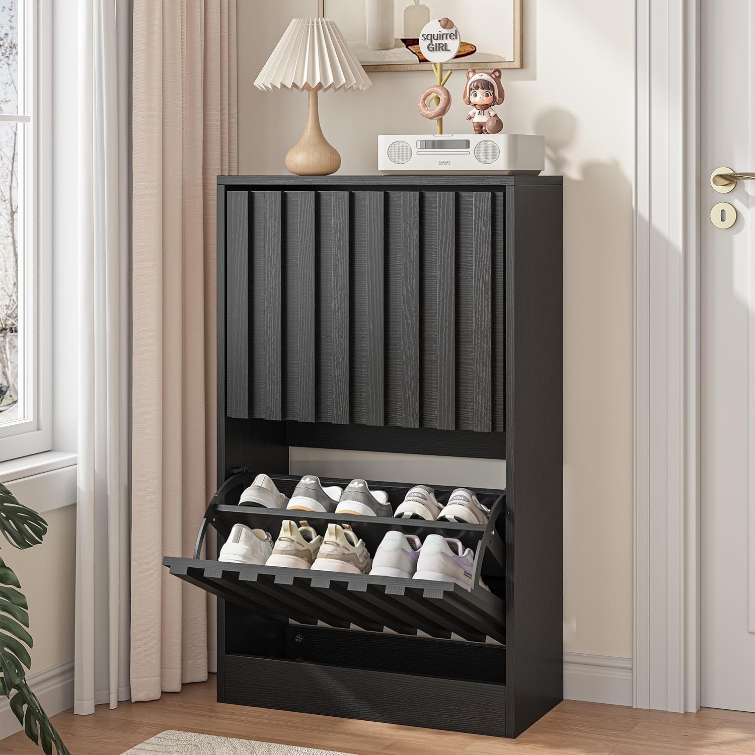 Slim Wooden Shoe Storage Cabinet with 2 Flip Drawers & Ventilated Doors