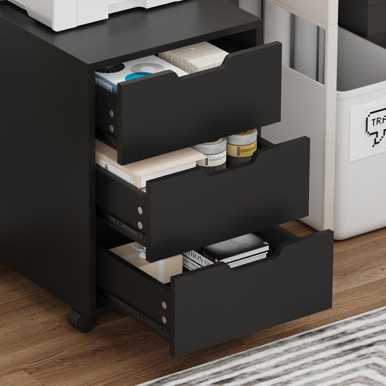 Black Rolling Desk Pedestal 3 Drawer Under Desk File Printer Cabinet