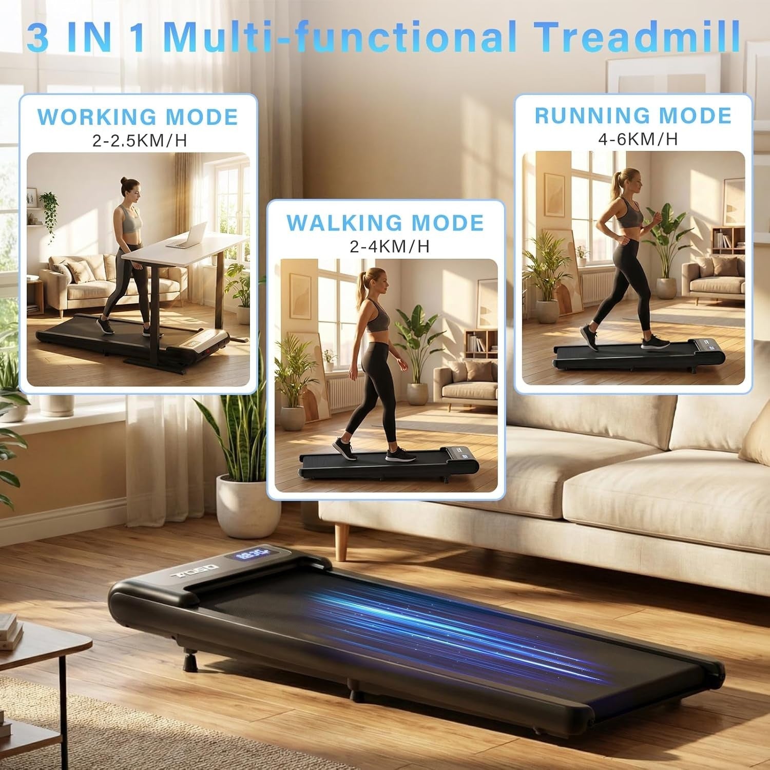 Under Desk Walking Pad Treadmill 3-in-1 Incline 2-6KM/H Home Office