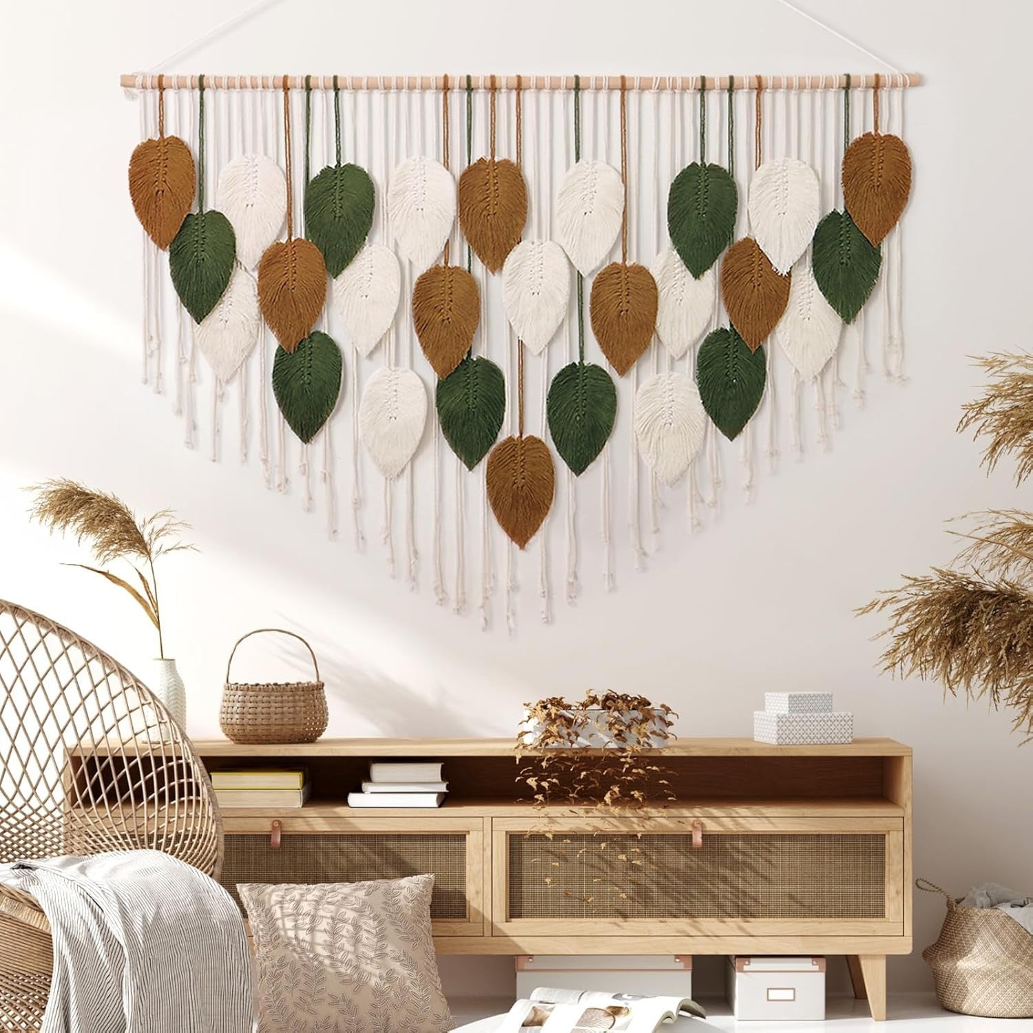 Large Boho Macrame Wall Hanging Leaf Woven Decor Green/Khaki