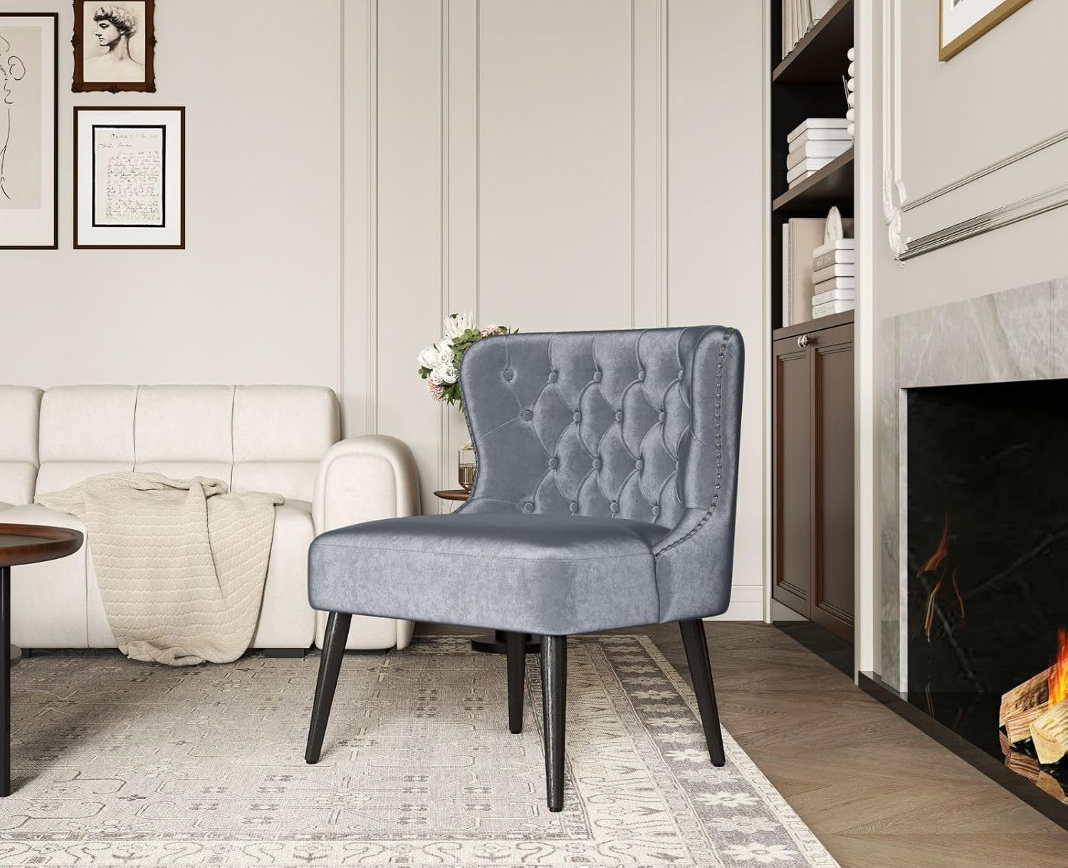 Velvet Accent Chair Grey Upholstered Lounge Chair Wood Legs