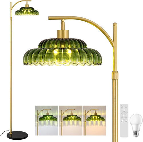 Gold Floor Lamp Dimmable Remote Green Glass Shade LED Tall Standing