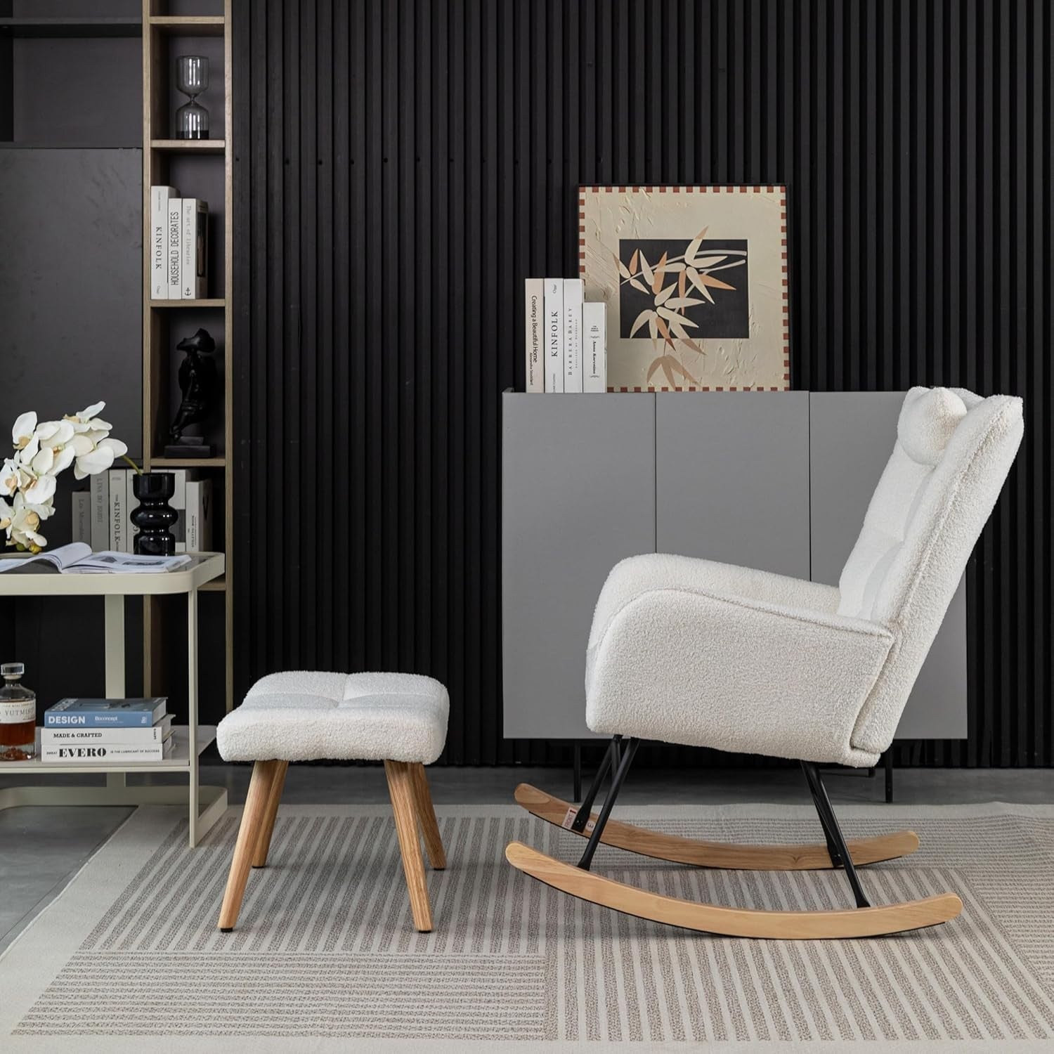 Tufted Rocking Chair with Footstool – High Back, Soft Linen, Solid Wood Legs