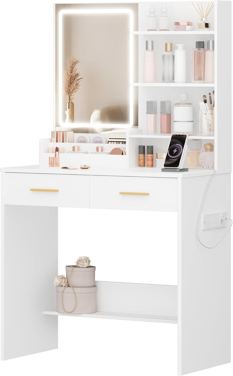 White Vanity Desk with LED Mirror & Charging Station Makeup Table Storage