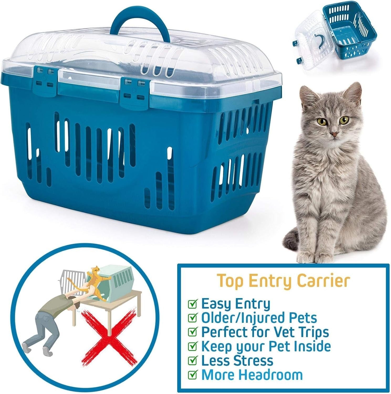 Portable Cat Carrier Basket with Top Lid | Grey Cream Pet Travel Crate Box