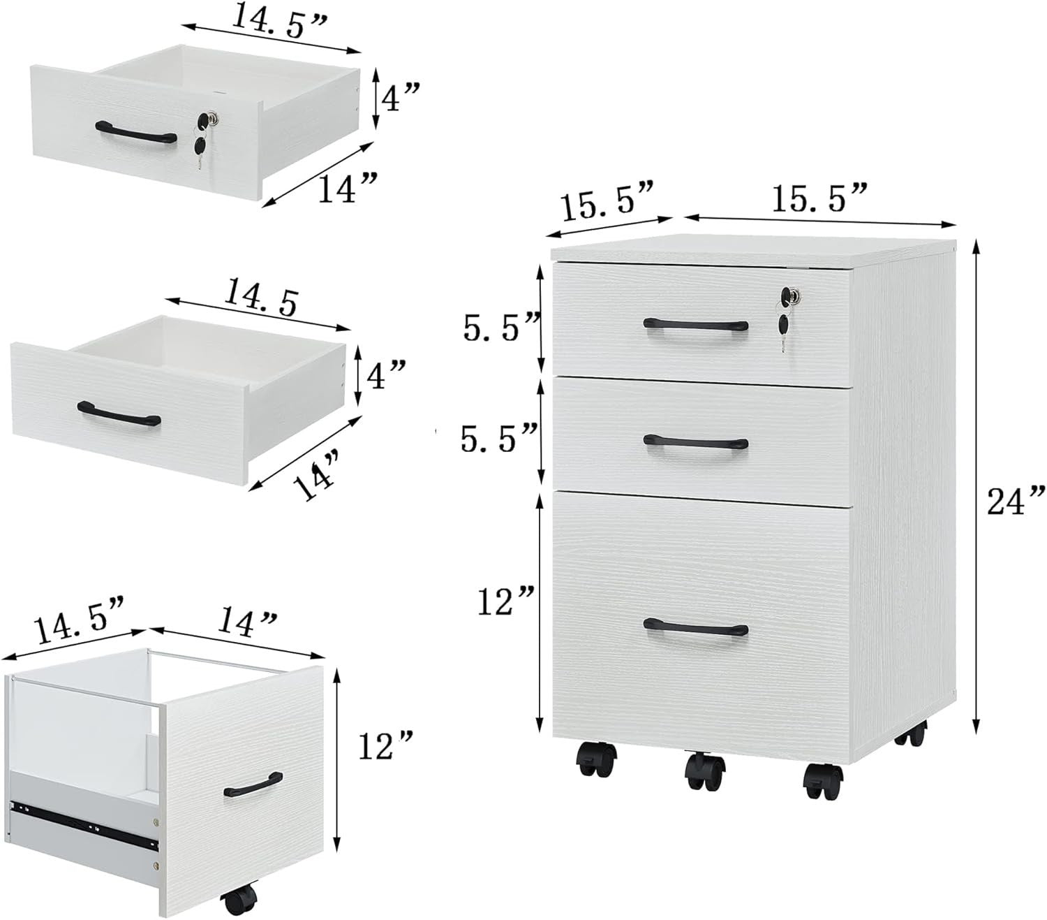 Locking Rolling File Cabinet 3 Drawer Under Desk Printer Stand White