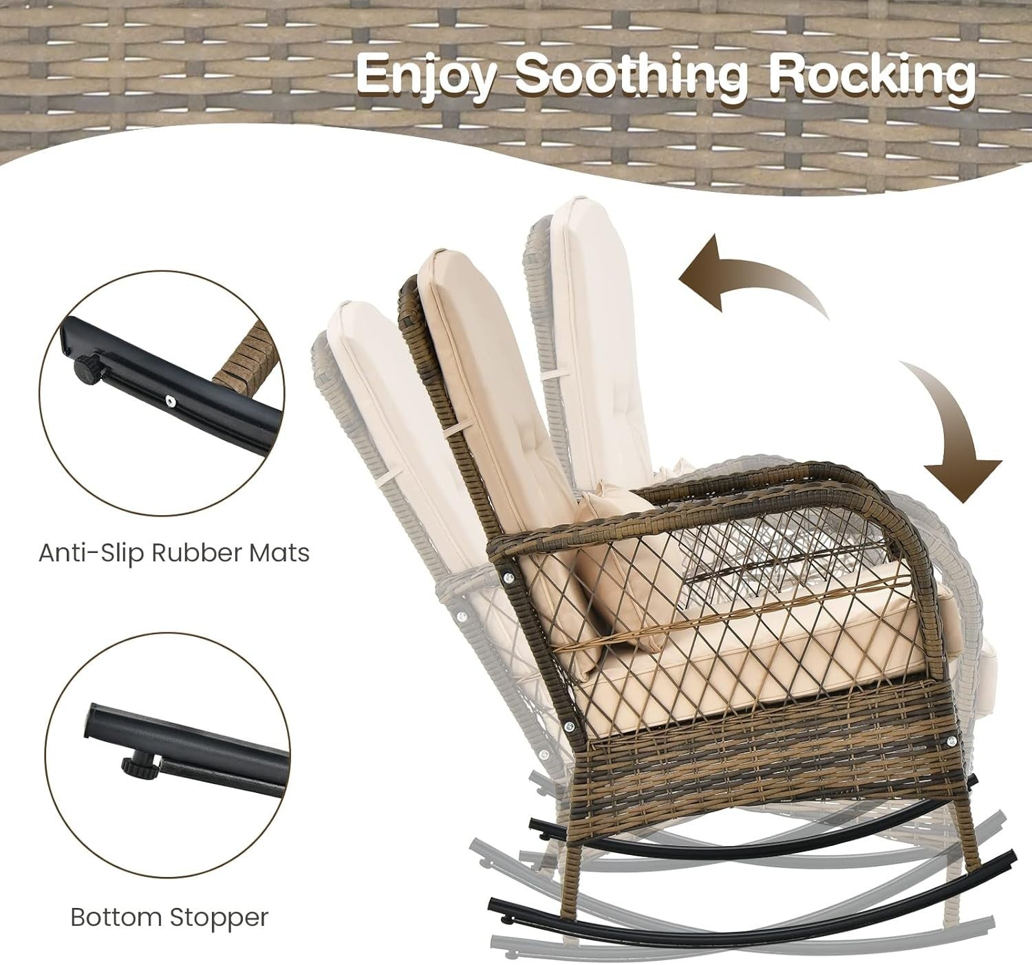 3-Piece Rattan Patio Bistro Set with Cushioned Rocking Chairs & Glass Table