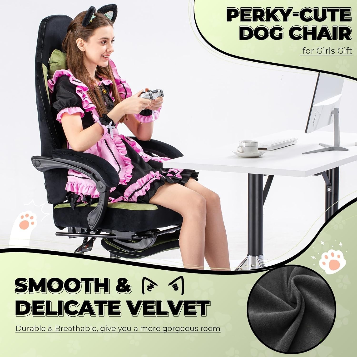 Reclining Gaming Chair w/ Footrest Cat Ears Suede Green