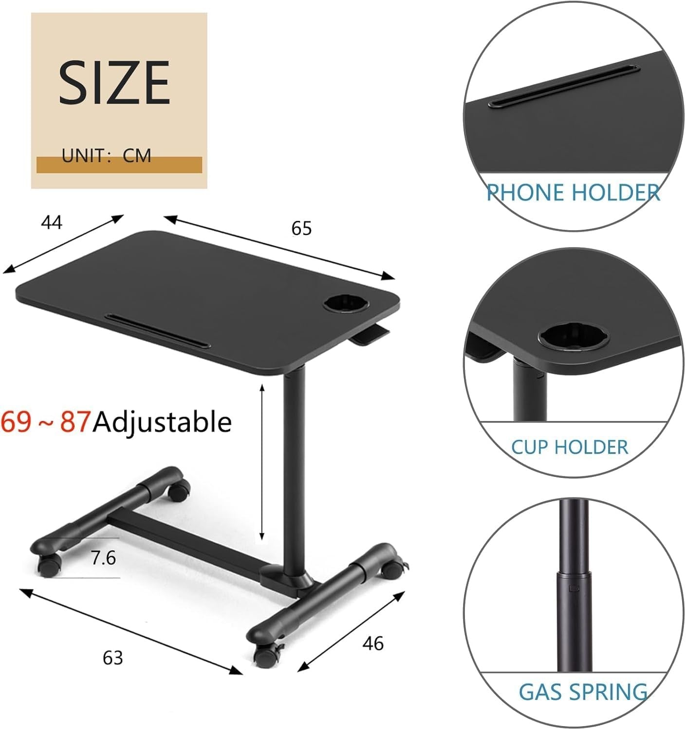 Overbed Table with Wheels Height Adjustable Laptop Desk Bedside Hospital