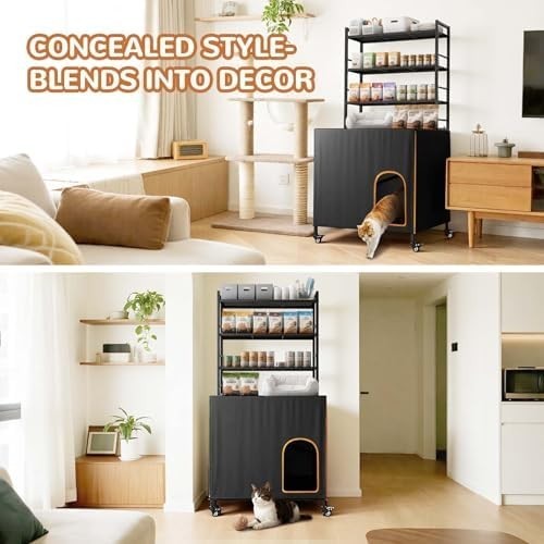 Hidden Cat Litter Box Furniture with Ventilation & Towel Rail, Espresso