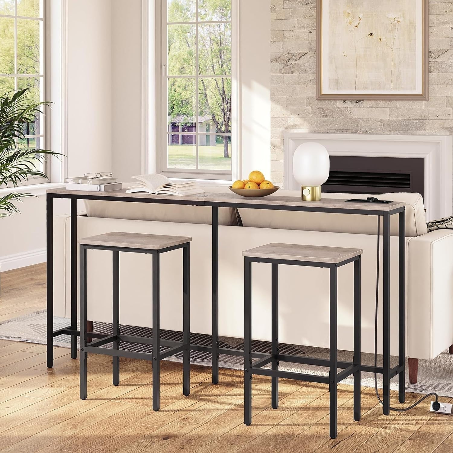 Power Strip Sofa Table 180cm Narrow Console with USB Ports & Rotatable Top