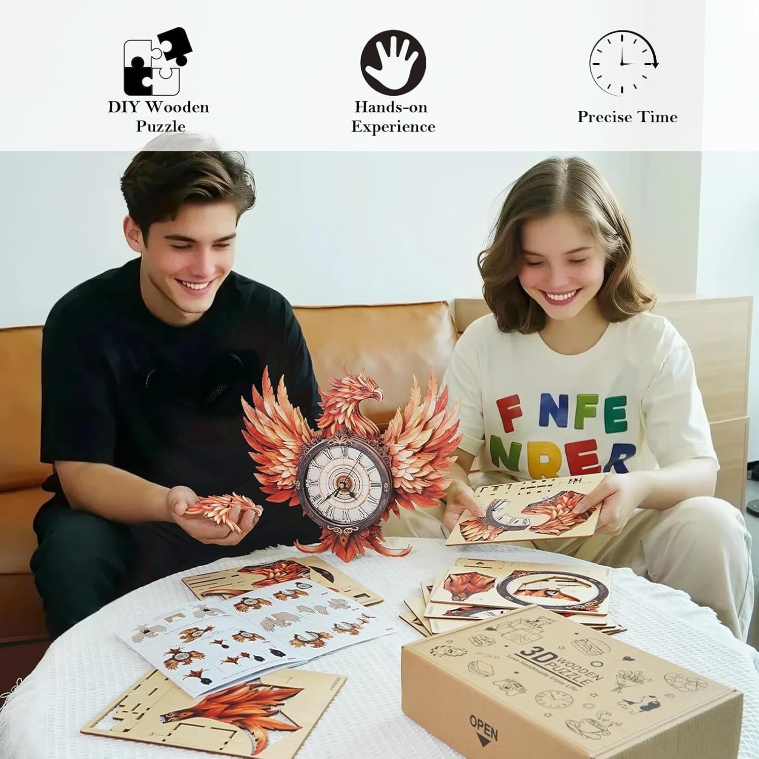 3D Wooden Phoenix Wall Clock Puzzle - Mechanical Art, Home Decor