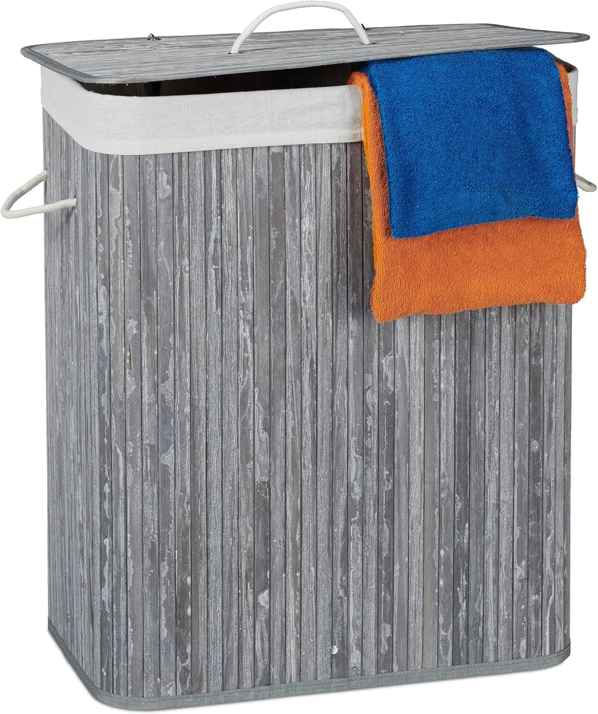 95L Grey Bamboo Laundry Hamper 2 Compartment Basket with Lid & Handles