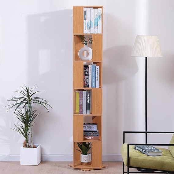 Rotating 6-Tier Tall Bookshelf Slim Corner Display Storage Rack Beech Wood