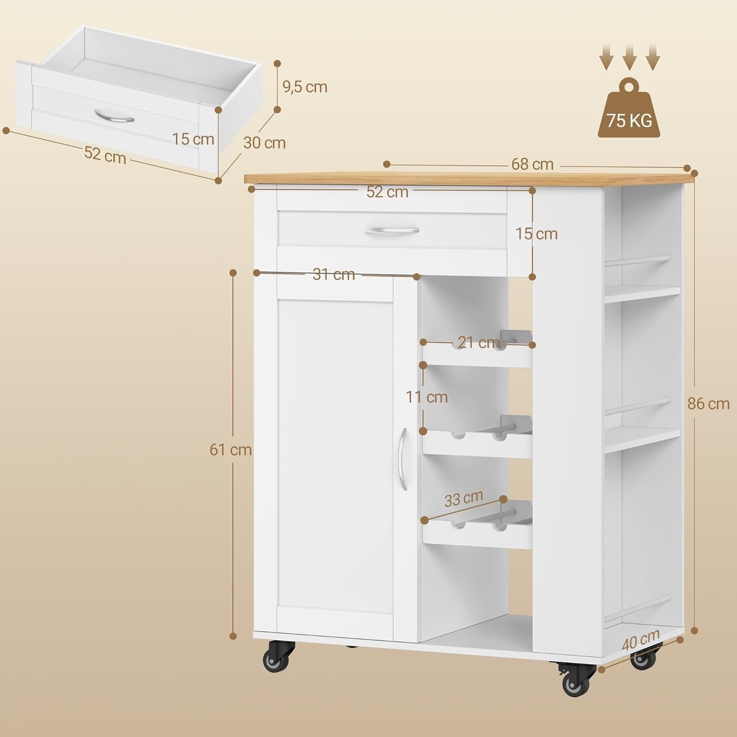 White Rolling Kitchen Island Cart Wine Rack Drawer Shelves