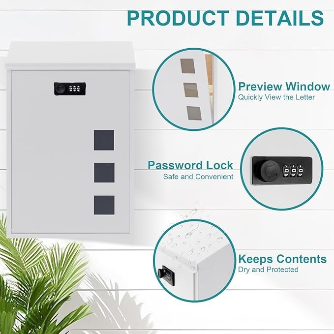 Wall Mounted Steel Mailbox Lockable Combination Weatherproof Post Box