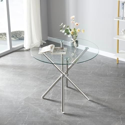 Modern Round Clear Glass Dining Table with Metal Legs 90cm