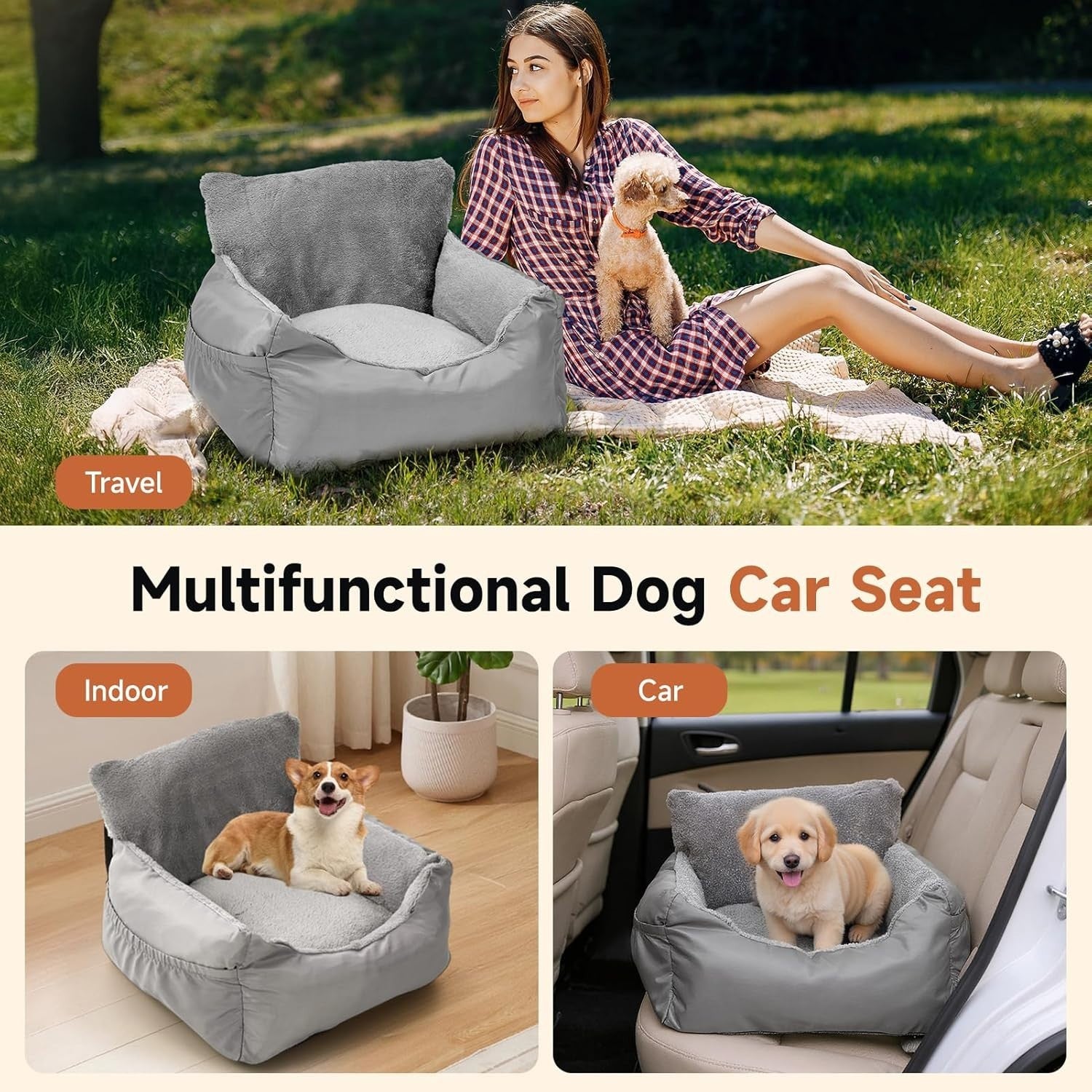 Waterproof Dog Car Booster Seat Travel Bed Safety Leash 55x50x35cm