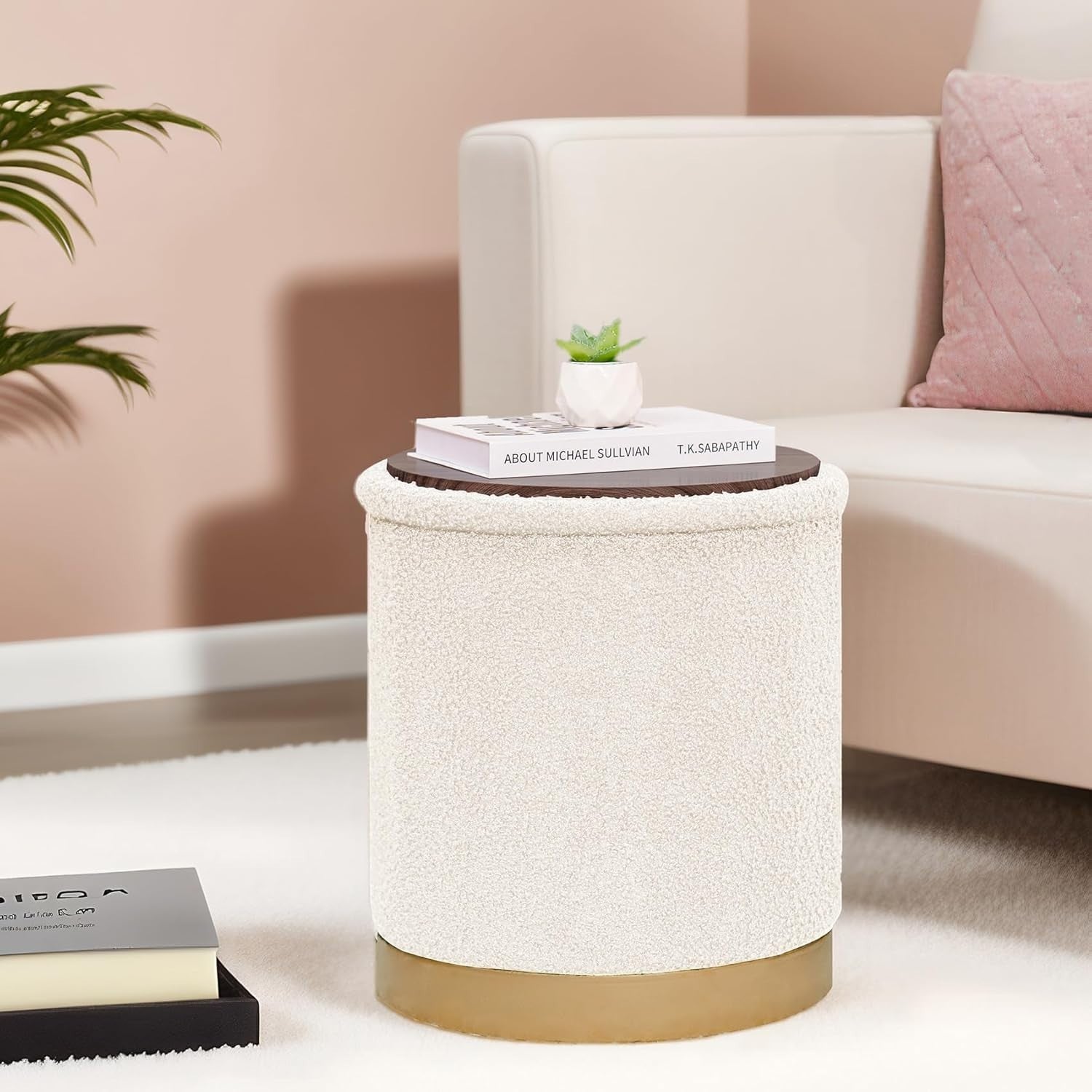 White Boucle Storage Ottoman Round Folding Footrest with Reversible Tray Lid