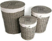 Set of 3 Wicker Laundry Baskets with Lids | Vintage Grey Storage Hampers | Small