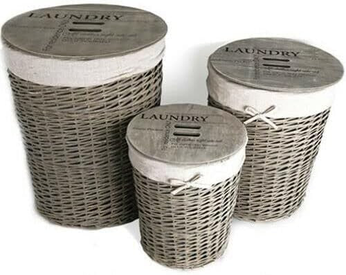 Set of 3 Wicker Laundry Baskets with Lids | Vintage Grey Storage Hampers | Small