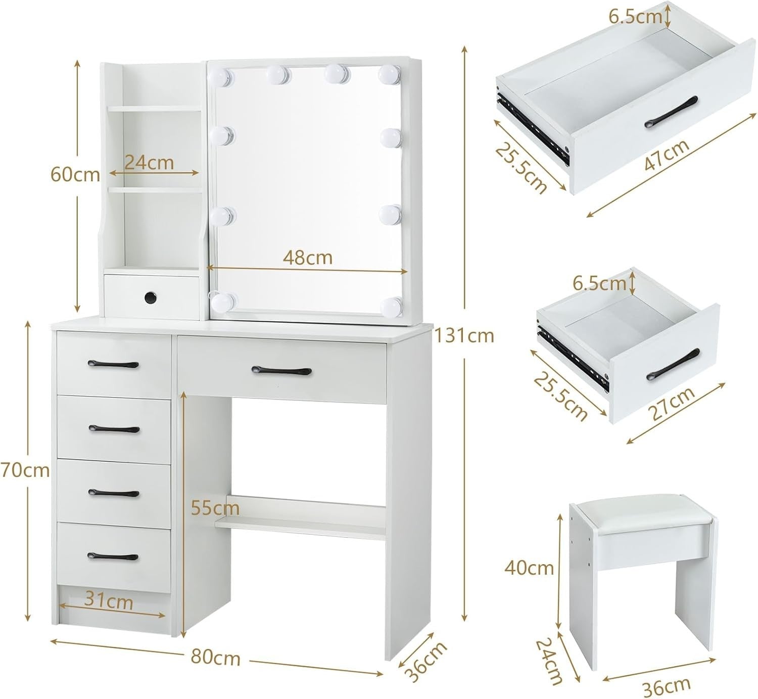 White Modern Vanity Makeup Desk Set LED Mirror Dressing Table 6 Drawers Storage