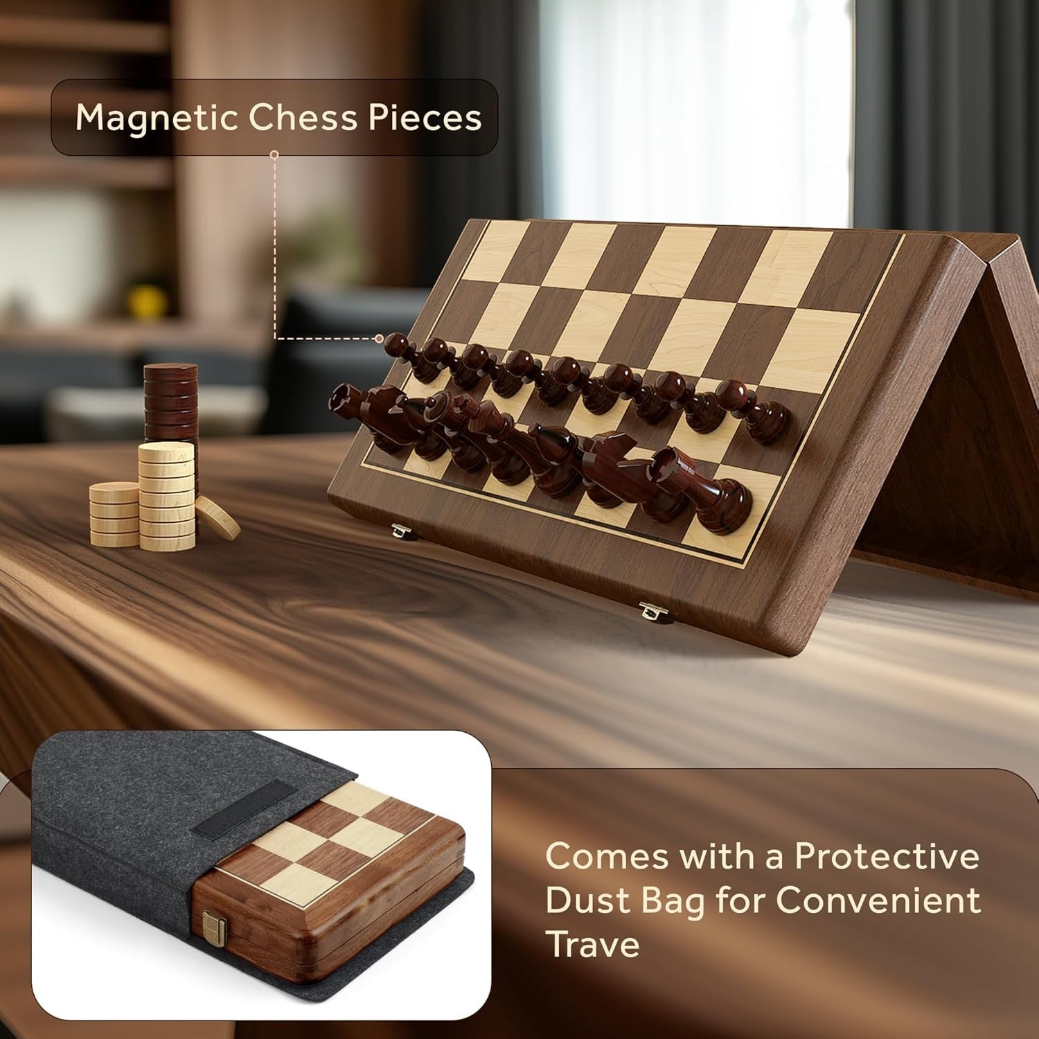 Walnut Magnetic 2-in-1 Chess & Checkers Set | 38cm Folding Wooden Board