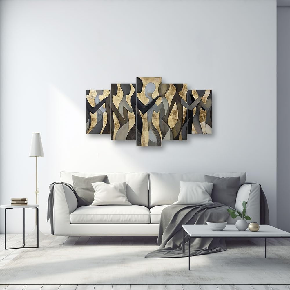 5 Piece Black Gold Abstract Canvas Wall Art Framed Modern Set