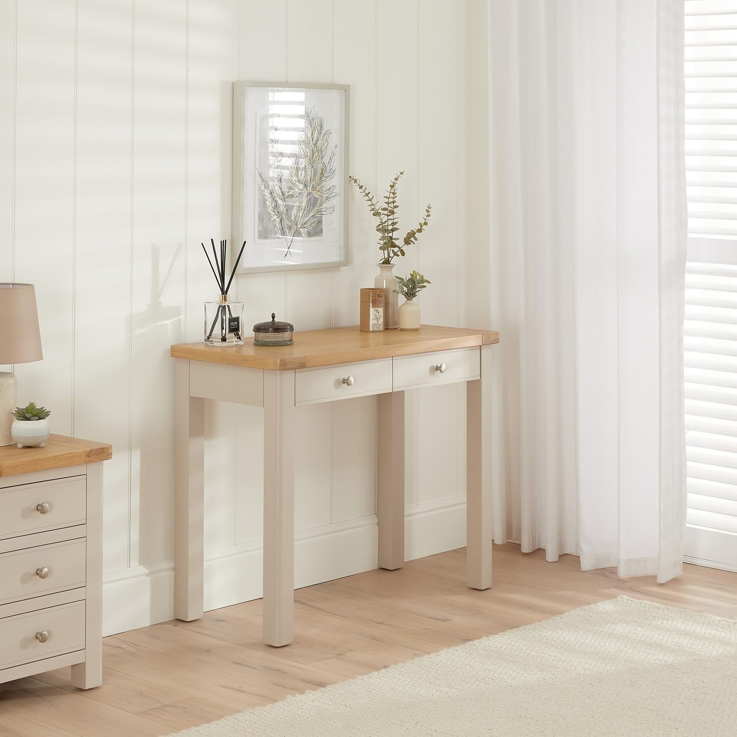 Putty Grey Wood Desk Dressing Table 2 Drawer Home Office Vanity Storage