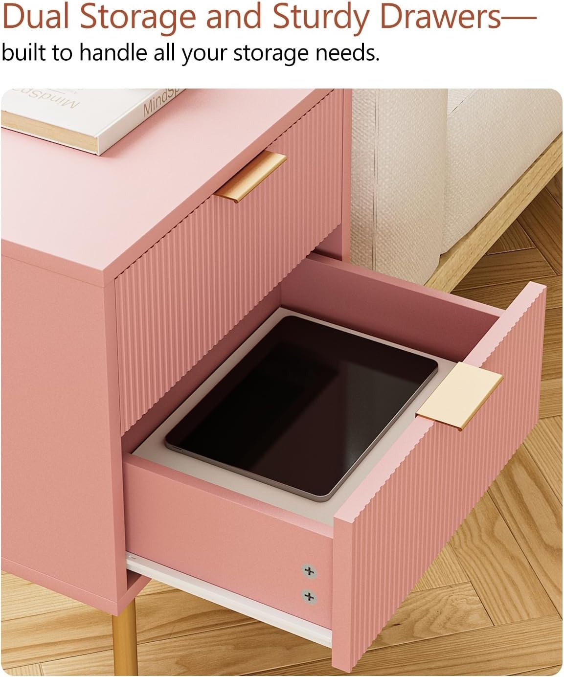 Modern Pink Bedside Table with 2 Drawers & Gold Legs | Wooden Nightstand