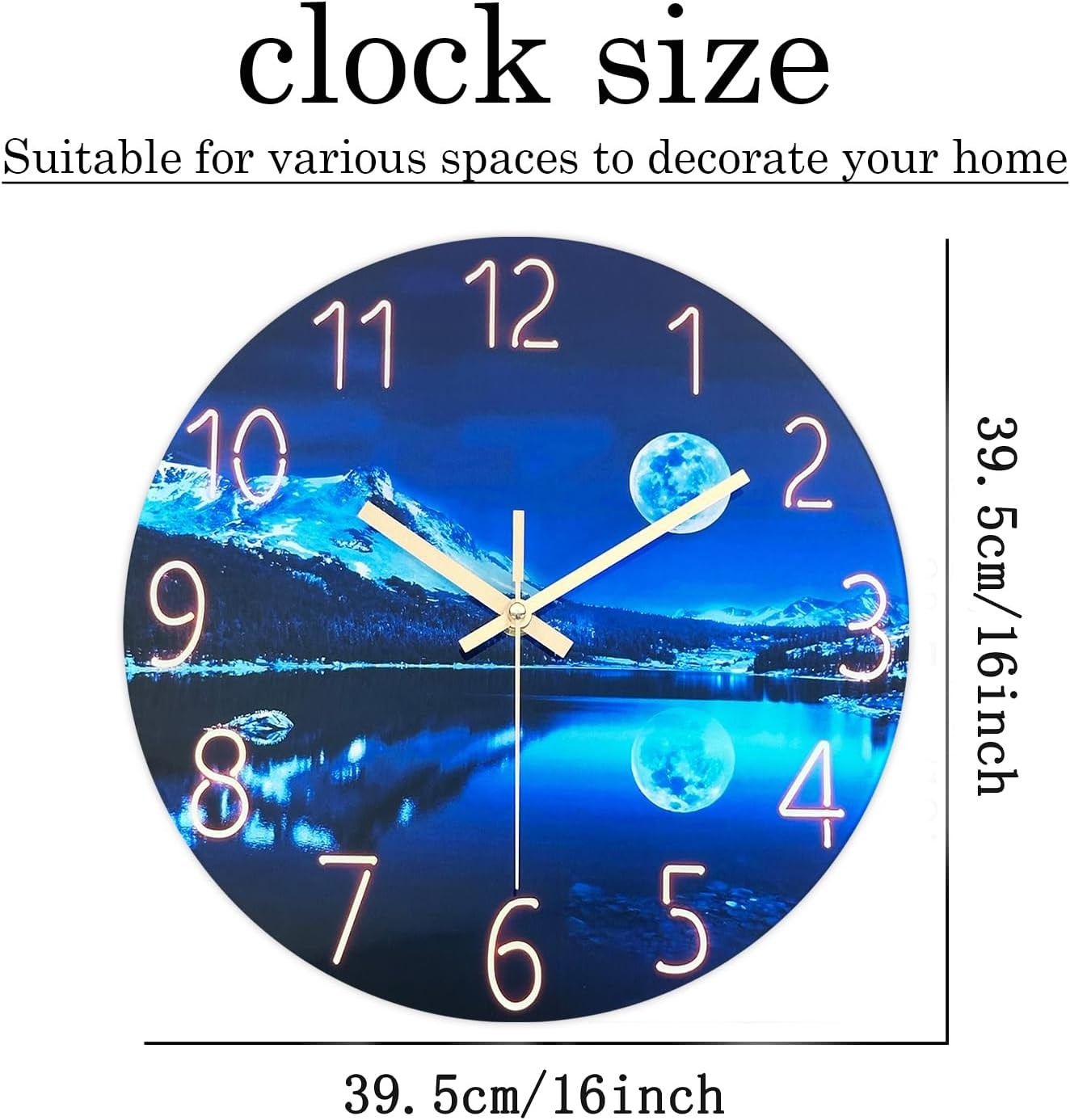 Large 16" Blue Moon Glass Wall Clock Silent Non-Ticking Modern Home Decor