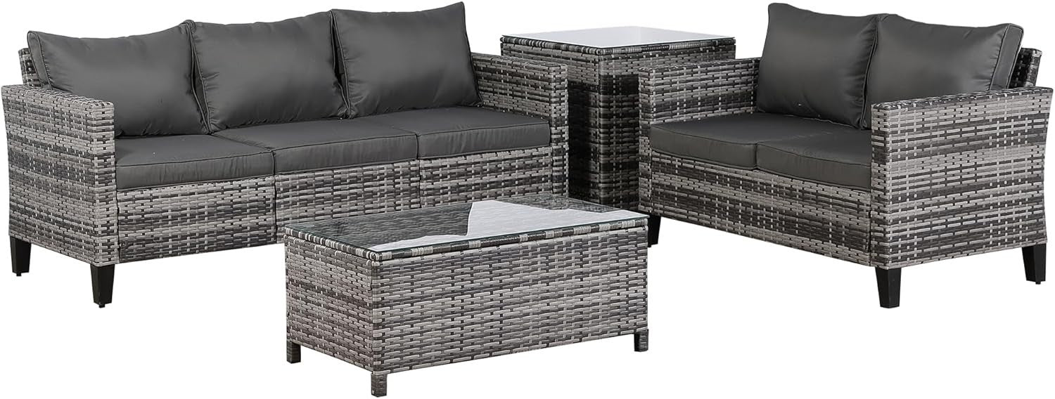 5 Seater Rattan Patio Sofa Set with Dual Coffee Tables Luxury Garden Lounge