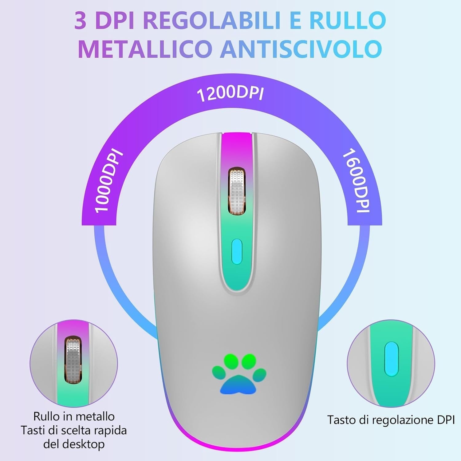 Silver Bluetooth Wireless Mouse 1600 DPI Rechargeable RGB