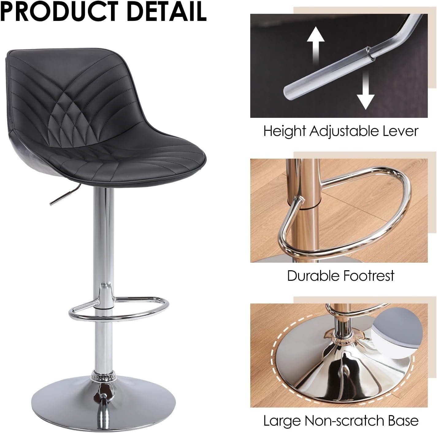 Adjustable Black Faux Leather Bar Stools Set of 2 Swivel Kitchen Counter