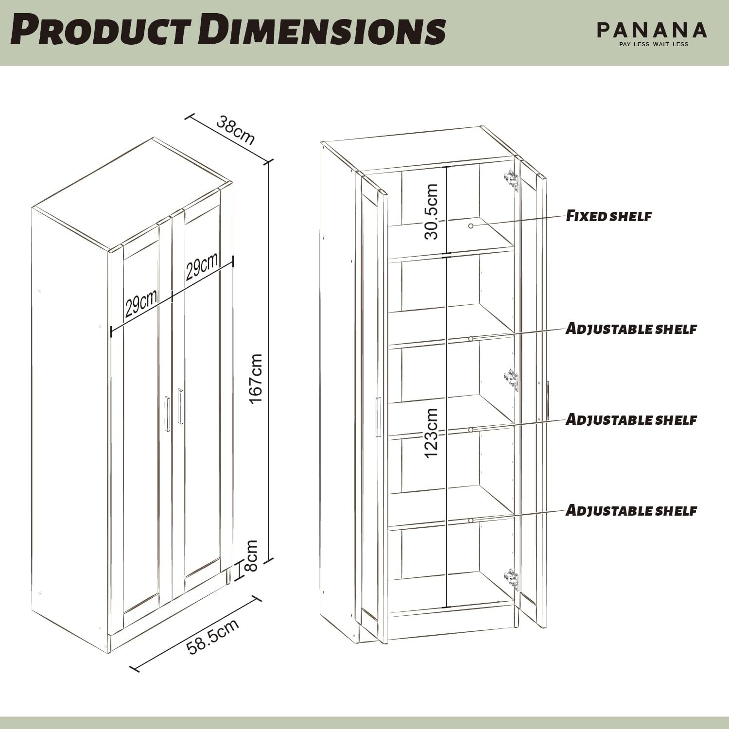 Tall Black Storage Cupboard 2 Door Wooden Cabinet with Adjustable Shelves