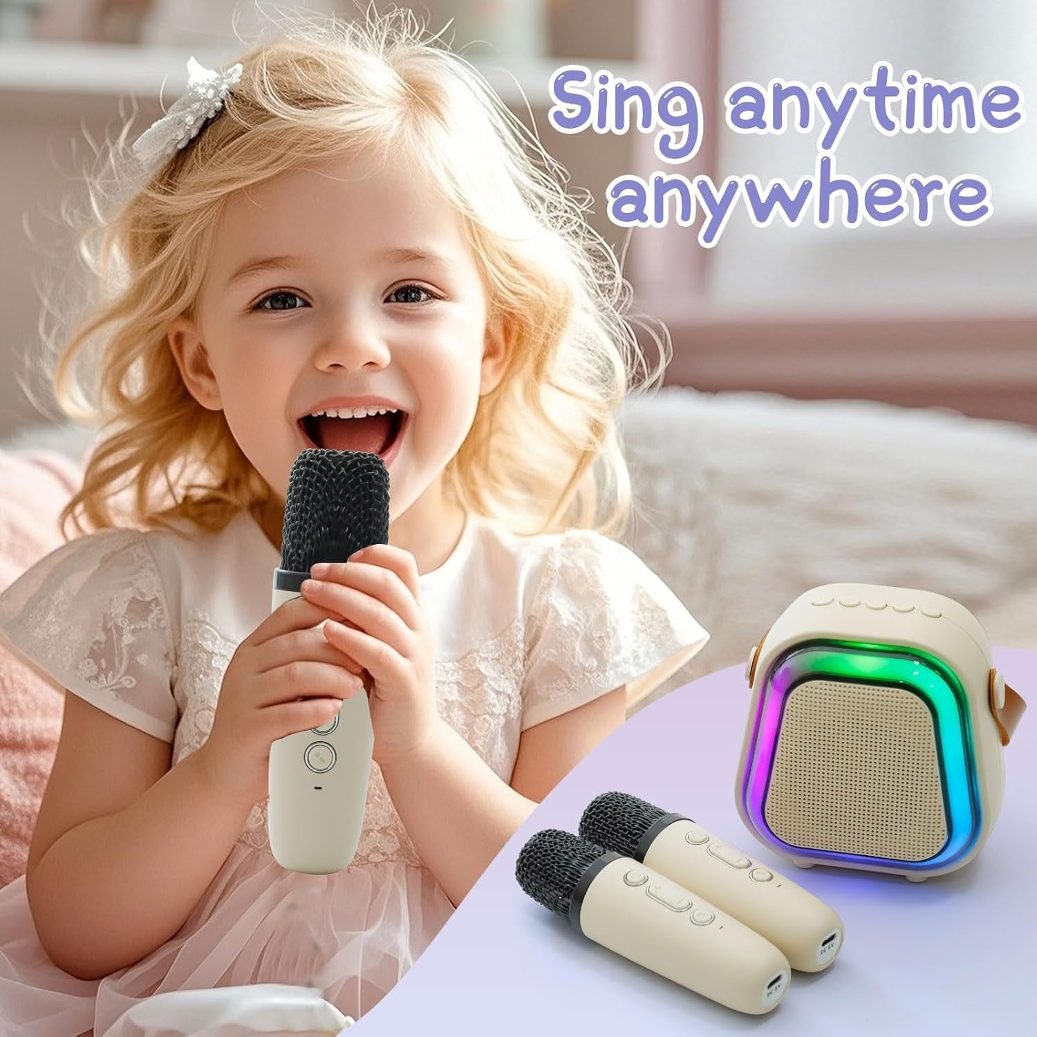 Mini Karaoke Machine Bluetooth Speaker 2 Wireless Mics LED Lights