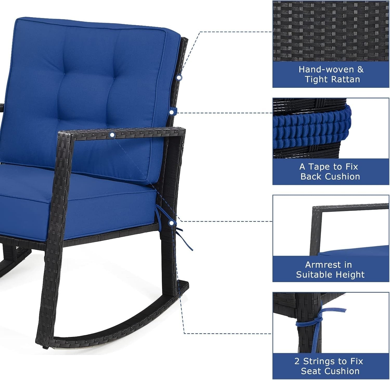 Navy Rattan Outdoor Rocking Chair with Cushions & Armrests Patio Glider