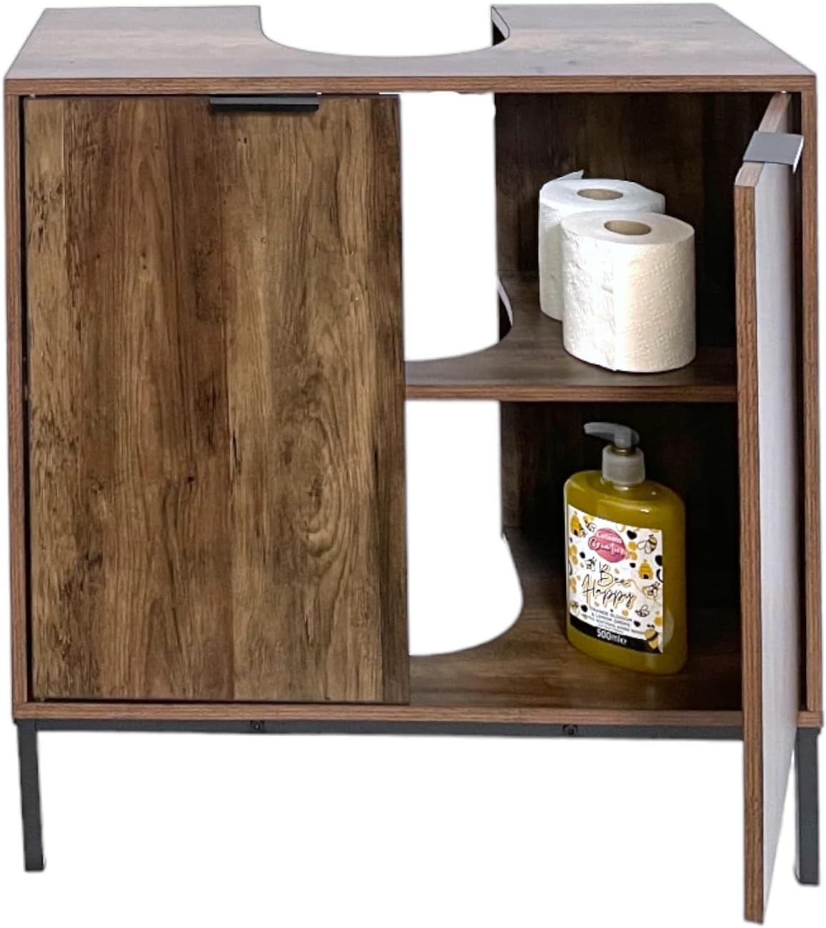 Rustic Oak Under Sink Bathroom Cabinet with Double Doors & Storage Shelf