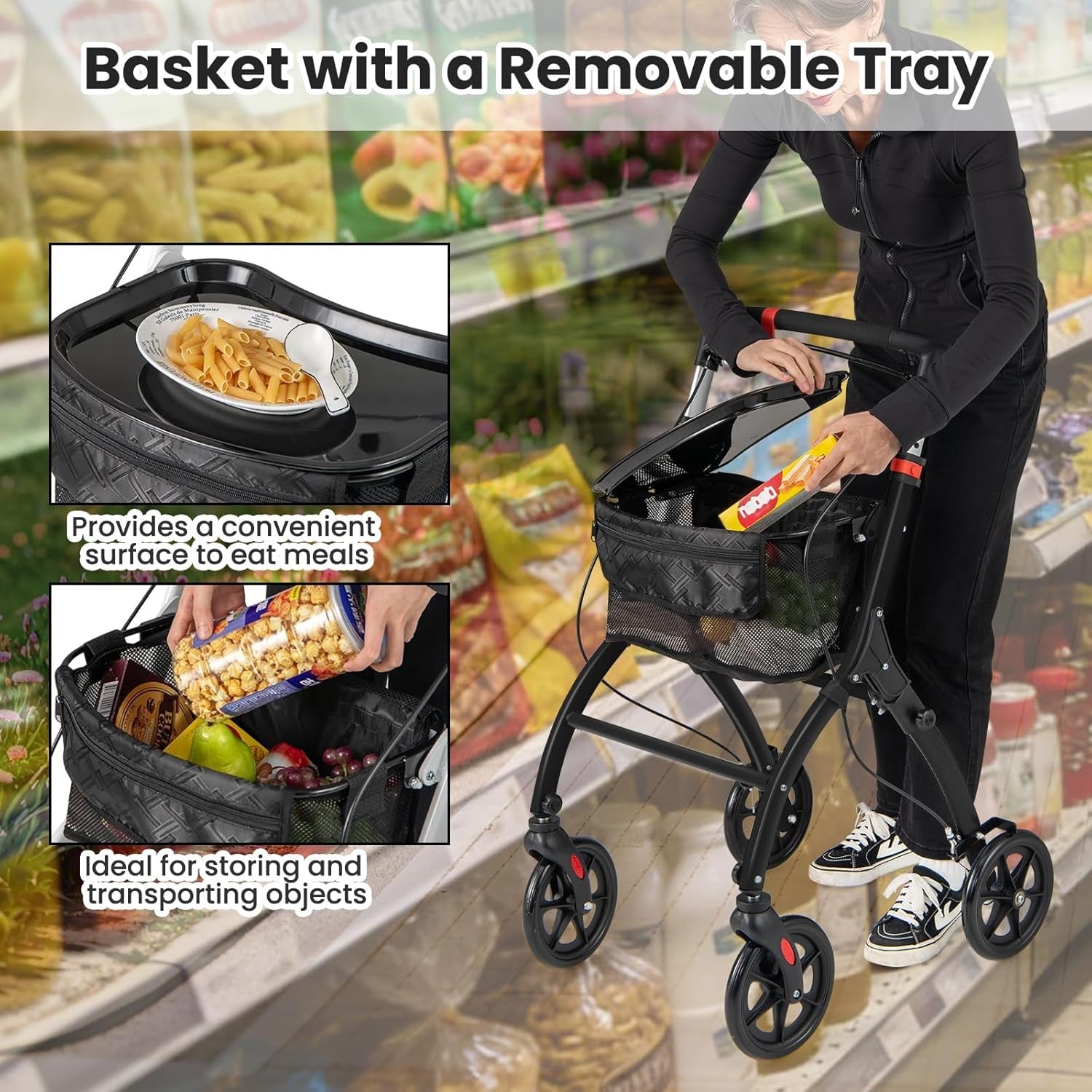 4 Wheel Rollator Walker Lightweight Folding Walking Aid Brakes Tray