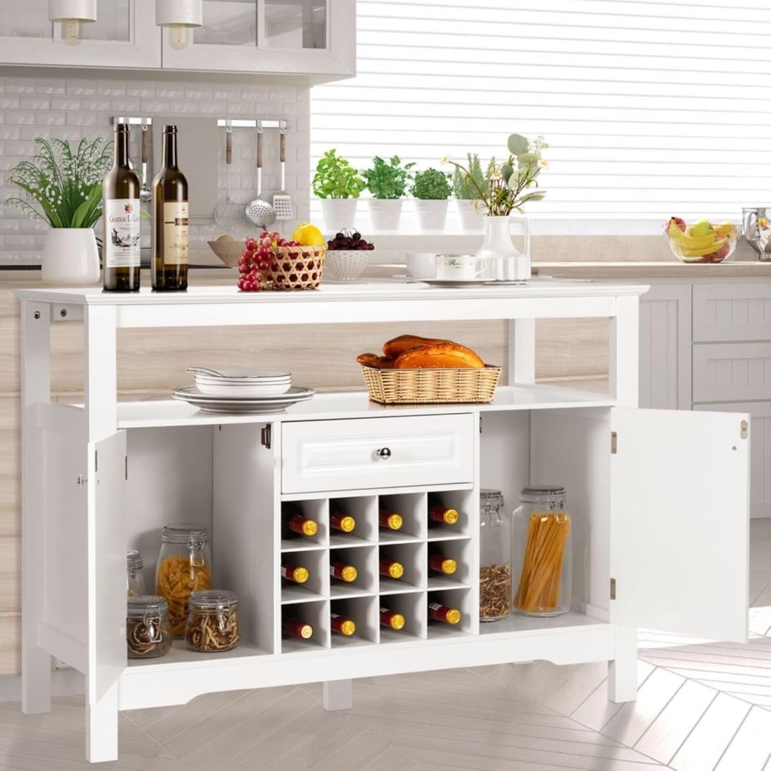White Wooden Sideboard Buffet Cabinet Wine Rack Bar Drawer Storage