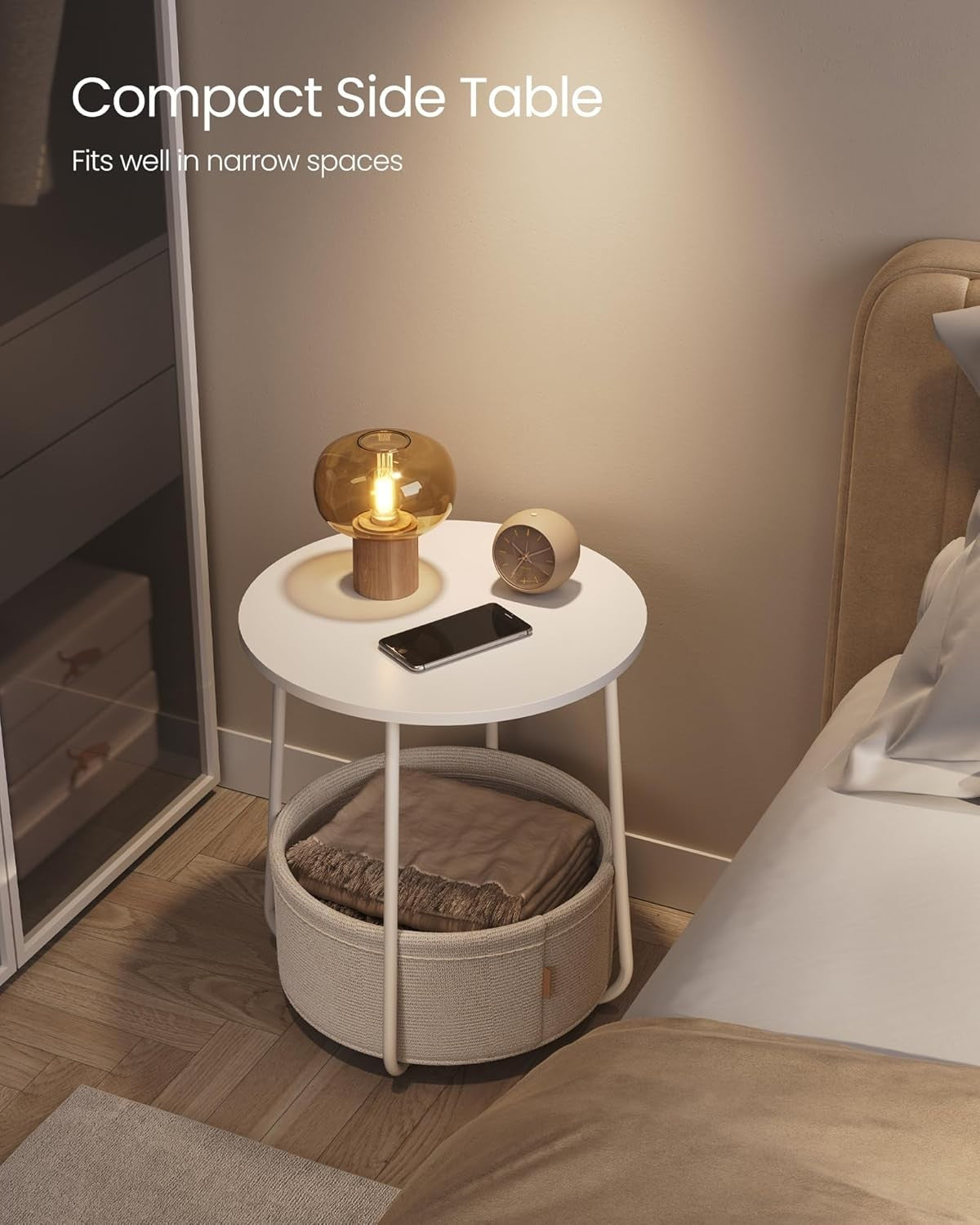 Round Side Table with Fabric Basket, Storage & Sturdy Steel Legs 45x45x50cm