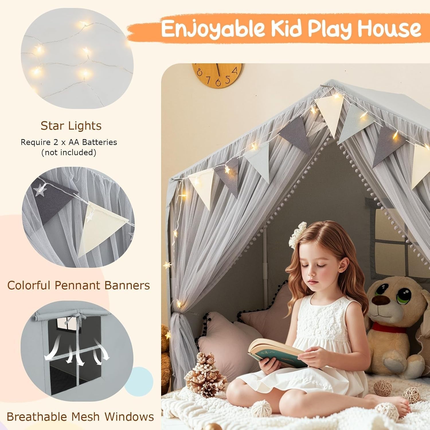 Large Kids Fairy Castle Play Tent Indoor w Mat Lights Windows Gift