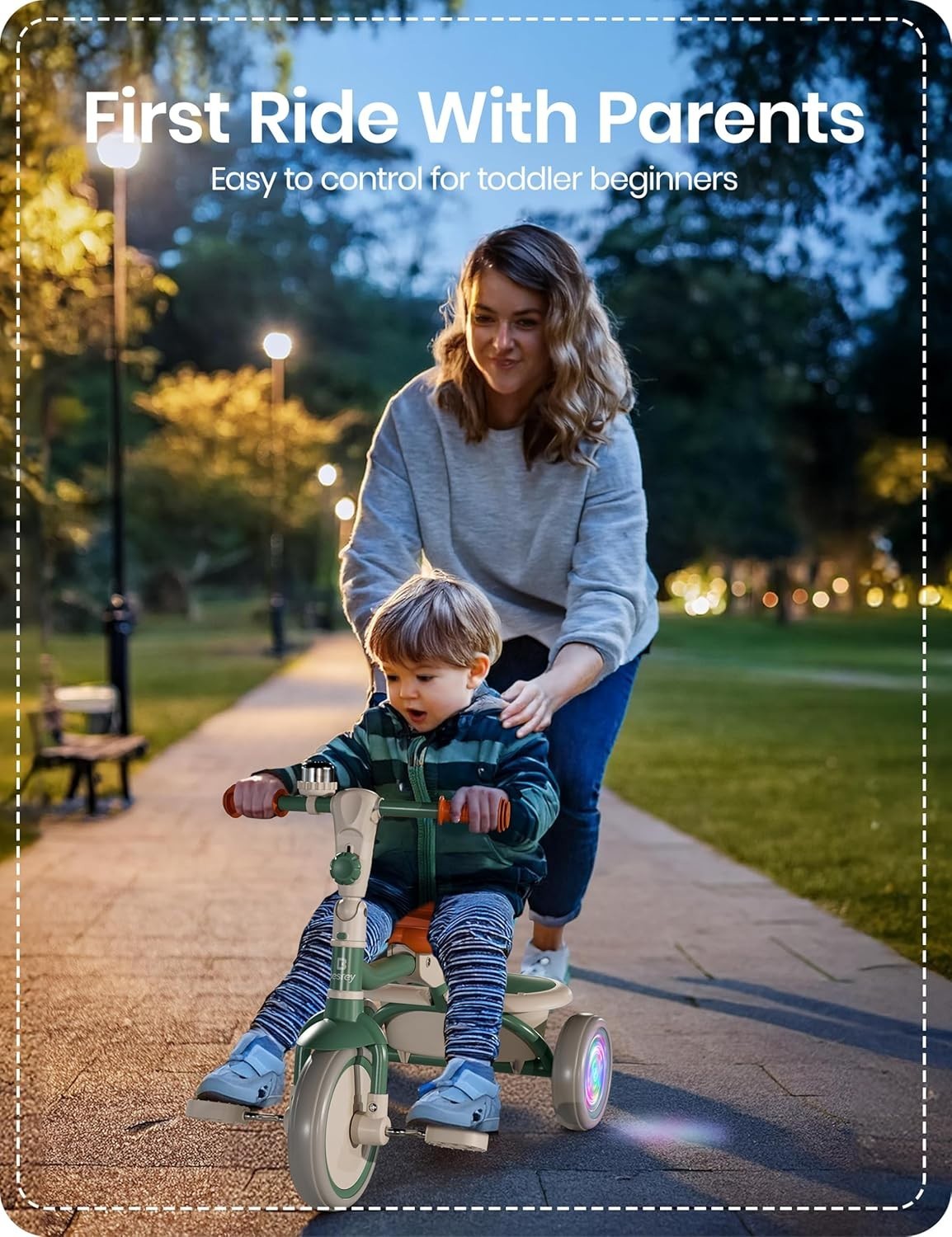 Kids Tricycle Flash LED Wheels Foldable Toddler Trike Green Age 18M-5Y