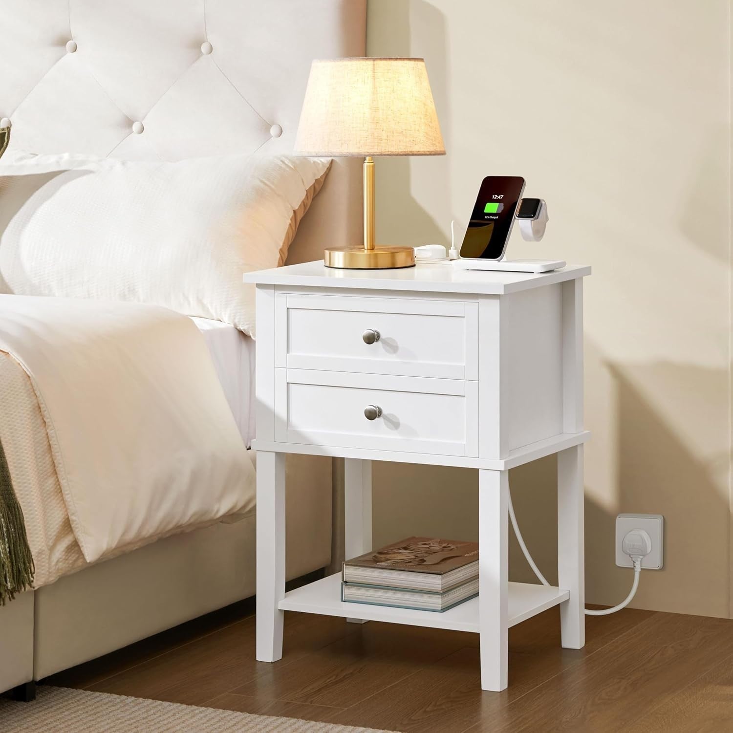 White Bedside Tables Set of 2 with Charging Station, 2 Drawers & Shelf