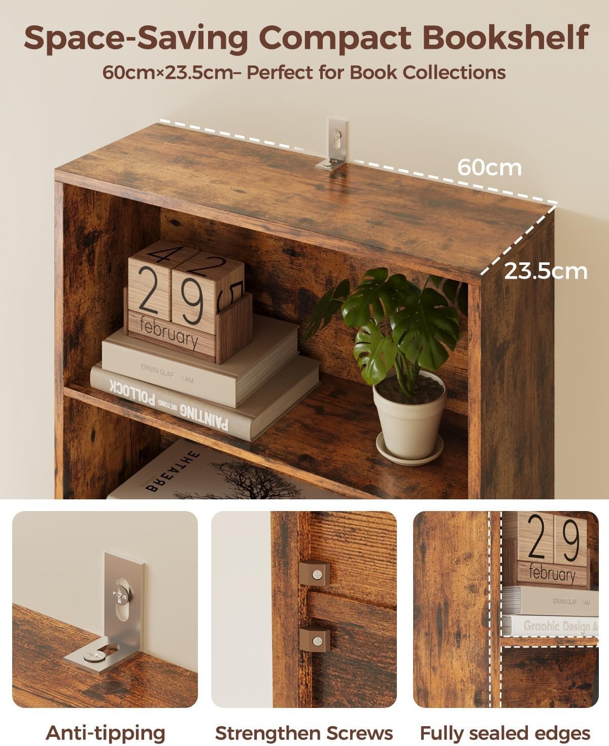 6 Tier Tall Retro Brown Bookcase with Doors Storage Display Shelf 60x23.5x180cm