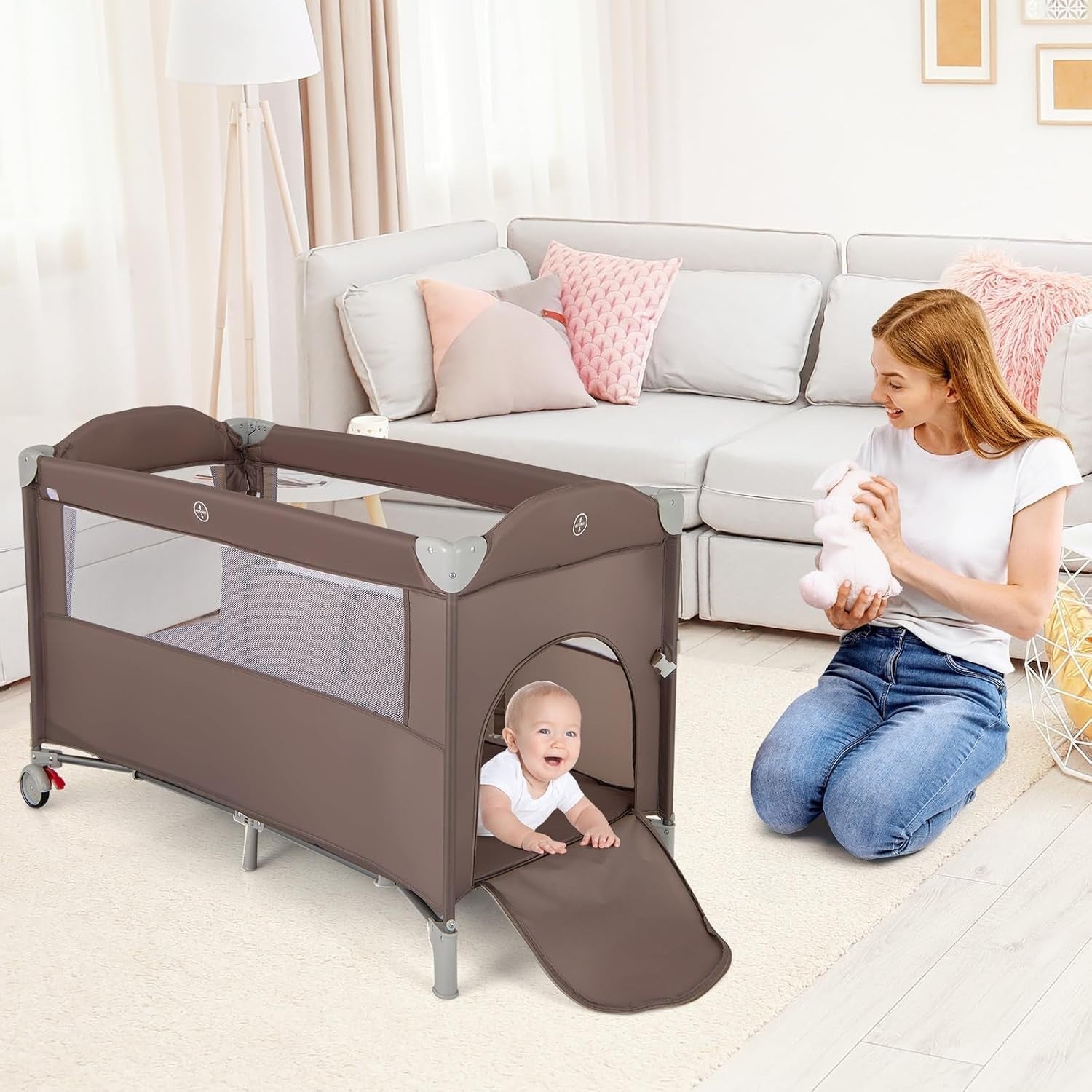 5in1 Baby Travel Cot Foldable Crib with Mattress Basket Changer & Storage Brown